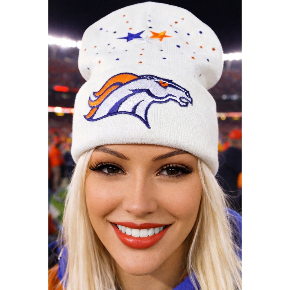 Denver Broncos White Beanie design with Logo, Blue &‎ Orange Stars & Rhinestones